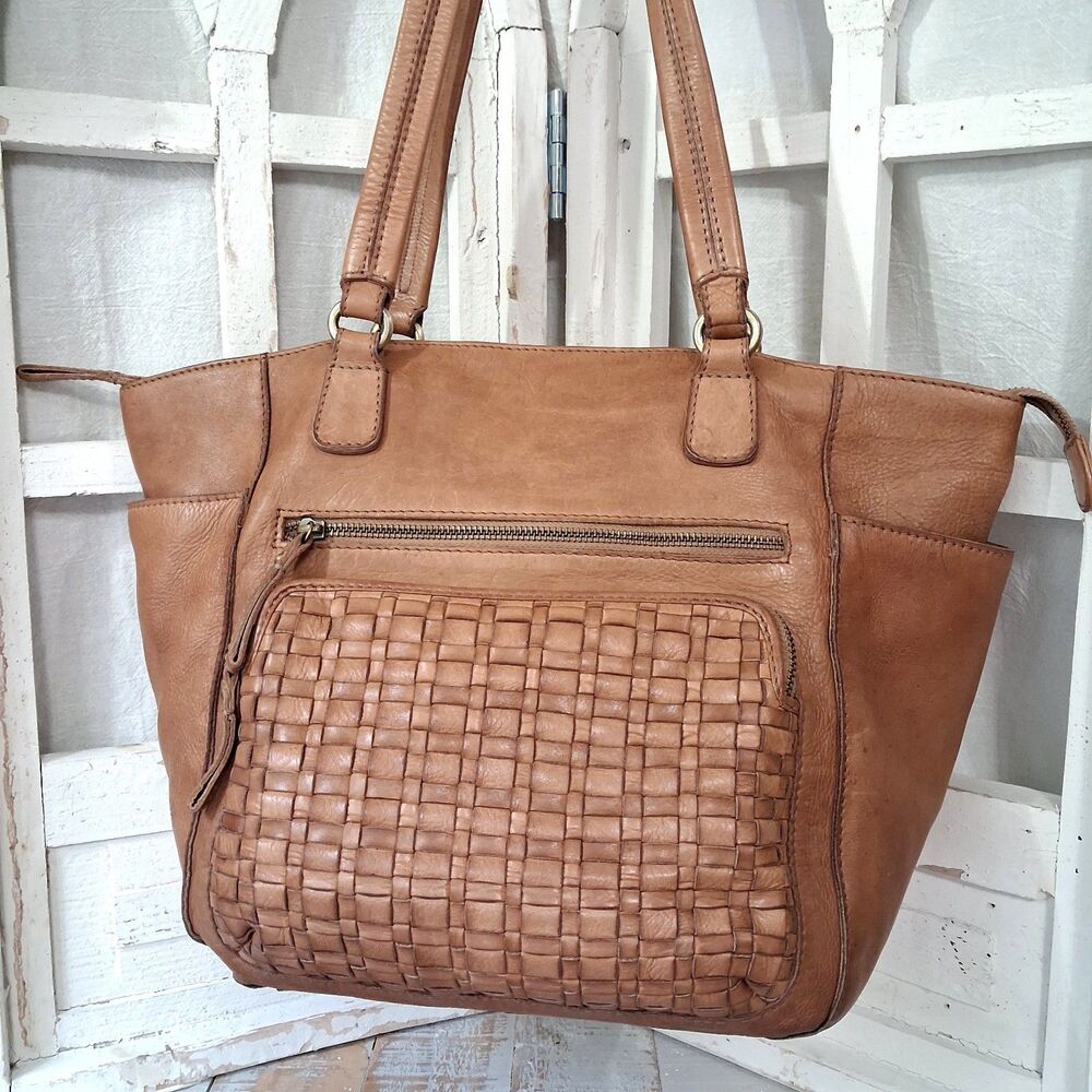 Boho Distressed Woven Leather Tote Bag Tan Camel Shoulder Purse Slouchy Vintage